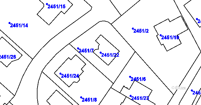 Parcela st. 2451/22 v KÚ Kuřim, Katastrální mapa