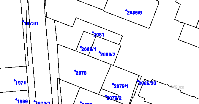 Parcela st. 2080/2 v KÚ Kuřim, Katastrální mapa