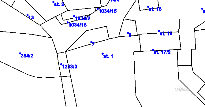 Parcela st. 1 v KÚ Kuřimany, Katastrální mapa