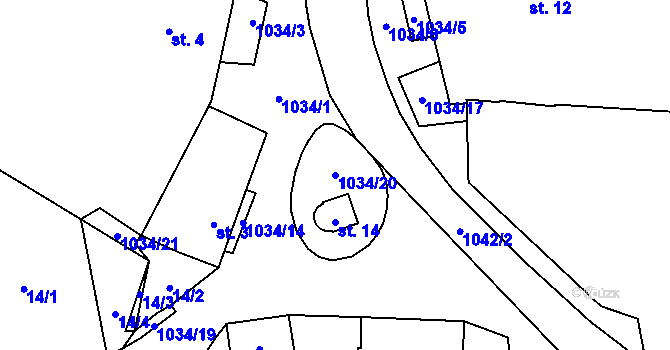 Parcela st. 1034/20 v KÚ Kuřimany, Katastrální mapa