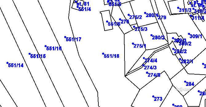 Parcela st. 551/18 v KÚ Kuřimská Nová Ves, Katastrální mapa