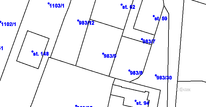 Parcela st. 983/9 v KÚ Kuřimské Jestřabí, Katastrální mapa