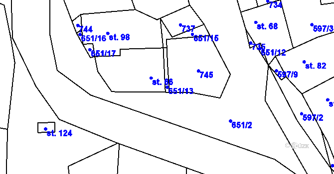 Parcela st. 651/13 v KÚ Kutrovice, Katastrální mapa