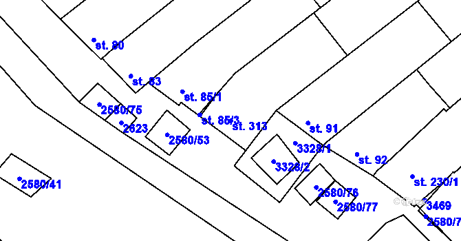 Parcela st. 313 v KÚ Kuželov, Katastrální mapa