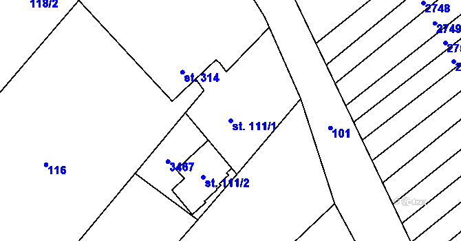 Parcela st. 111/1 v KÚ Kuželov, Katastrální mapa