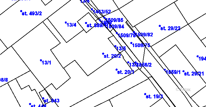 Parcela st. 20/2 v KÚ Kvasice, Katastrální mapa