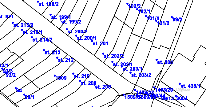 Parcela st. 202/2 v KÚ Kvasice, Katastrální mapa