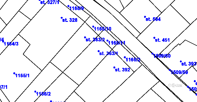 Parcela st. 363/1 v KÚ Kvasice, Katastrální mapa