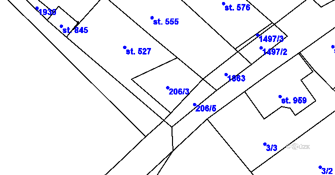 Parcela st. 206/3 v KÚ Kvasice, Katastrální mapa
