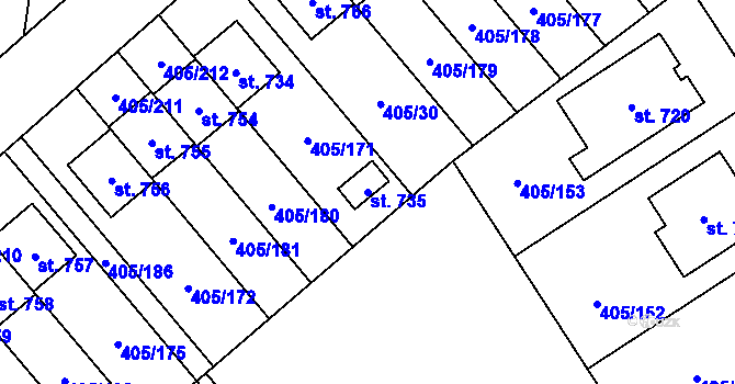 Parcela st. 735 v KÚ Kvasiny, Katastrální mapa