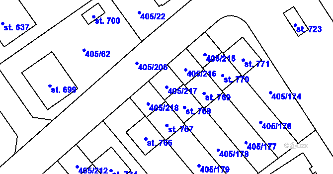 Parcela st. 405/217 v KÚ Kvasiny, Katastrální mapa