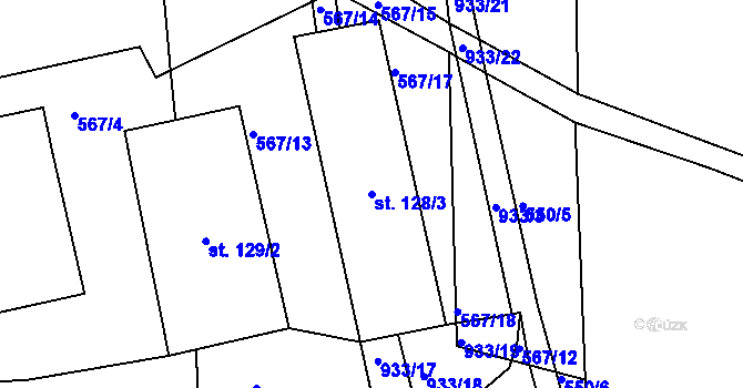Parcela st. 128/3 v KÚ Olšany u Kvášňovic, Katastrální mapa