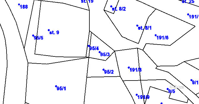 Parcela st. 95/3 v KÚ Kvasetice u Květinova, Katastrální mapa