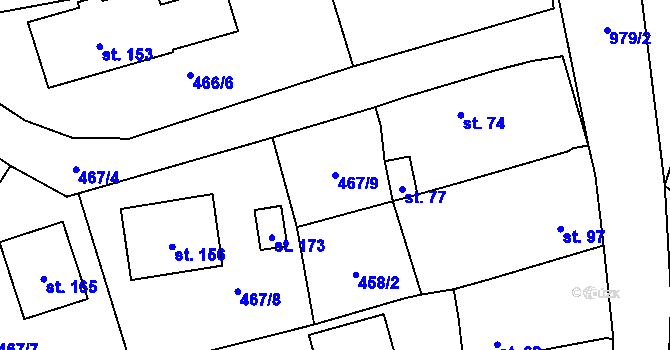 Parcela st. 467/9 v KÚ Kvíčovice, Katastrální mapa
