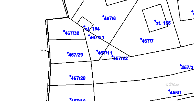 Parcela st. 467/11 v KÚ Kvíčovice, Katastrální mapa