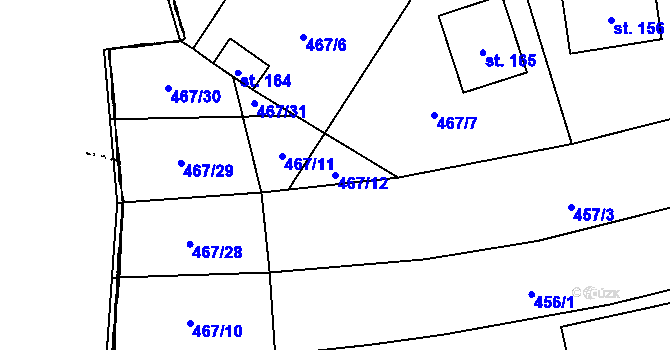 Parcela st. 467/12 v KÚ Kvíčovice, Katastrální mapa
