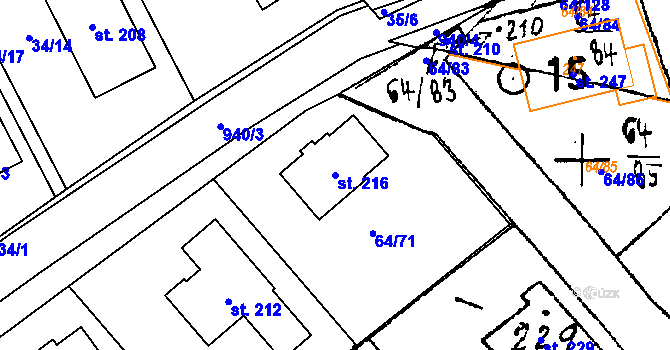 Parcela st. 216 v KÚ Kvíčovice, Katastrální mapa