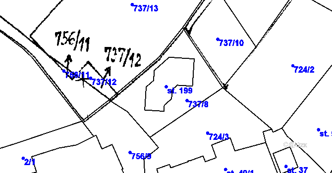 Parcela st. 199 v KÚ Kvíčovice, Katastrální mapa