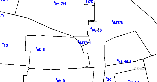 Parcela st. 647/11 v KÚ Kydliny, Katastrální mapa