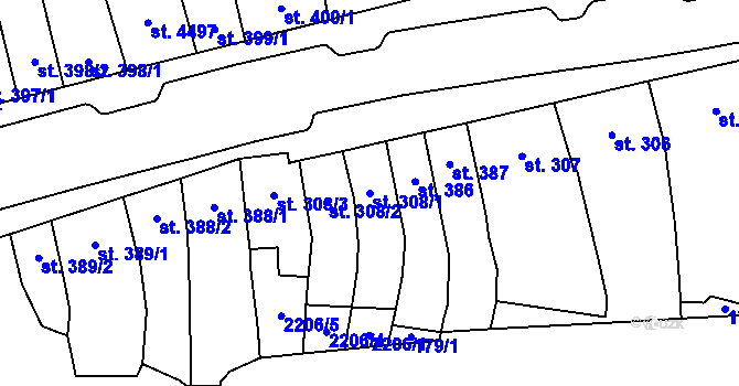 Parcela st. 308/1 v KÚ Kyjov, Katastrální mapa