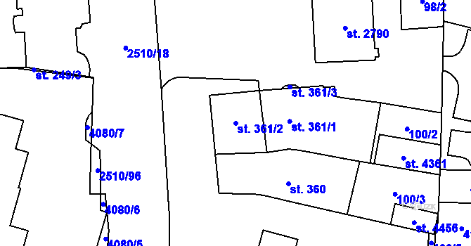 Parcela st. 361/2 v KÚ Kyjov, Katastrální mapa
