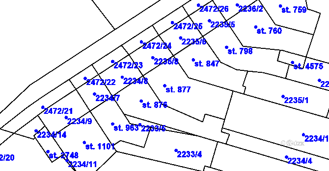 Parcela st. 877 v KÚ Kyjov, Katastrální mapa