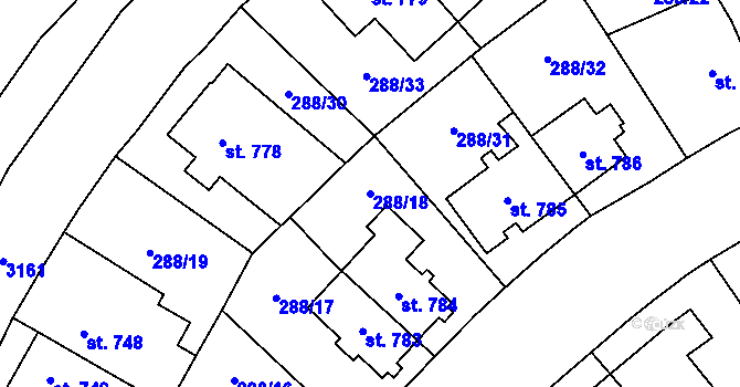 Parcela st. 288/18 v KÚ Kyjov, Katastrální mapa