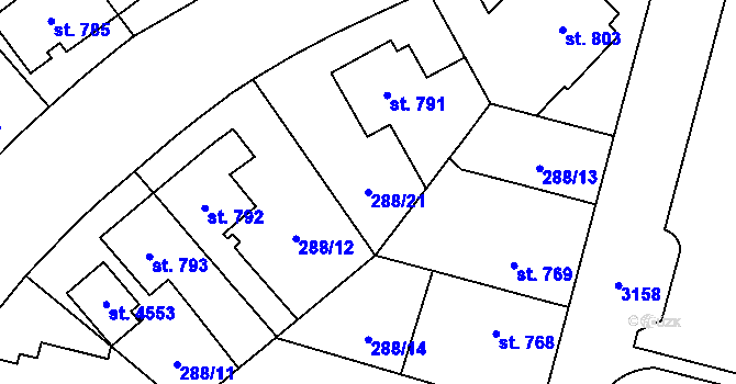 Parcela st. 288/21 v KÚ Kyjov, Katastrální mapa