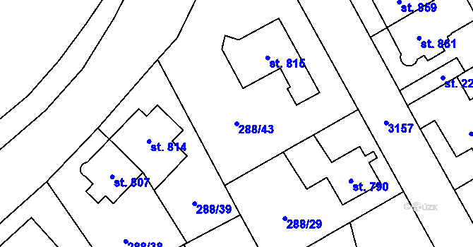 Parcela st. 288/43 v KÚ Kyjov, Katastrální mapa