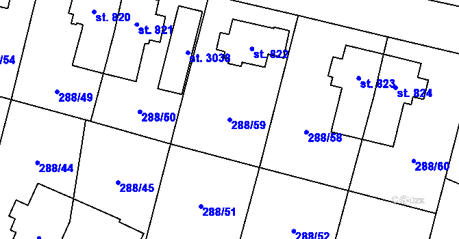 Parcela st. 288/59 v KÚ Kyjov, Katastrální mapa