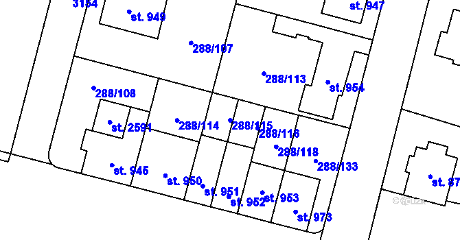 Parcela st. 288/115 v KÚ Kyjov, Katastrální mapa