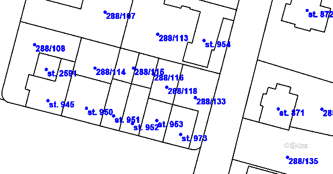 Parcela st. 288/118 v KÚ Kyjov, Katastrální mapa