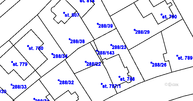 Parcela st. 288/143 v KÚ Kyjov, Katastrální mapa