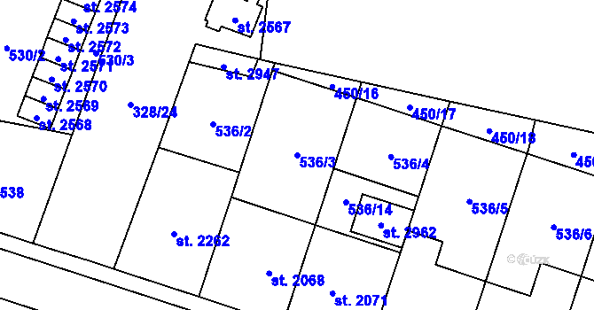Parcela st. 536/3 v KÚ Kyjov, Katastrální mapa
