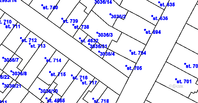 Parcela st. 3036/4 v KÚ Kyjov, Katastrální mapa