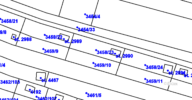 Parcela st. 3458/23 v KÚ Kyjov, Katastrální mapa