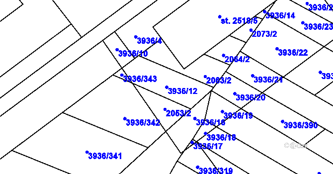 Parcela st. 3936/12 v KÚ Kyjov, Katastrální mapa