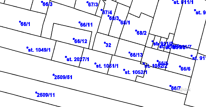 Parcela st. 1051/2 v KÚ Kyjov, Katastrální mapa