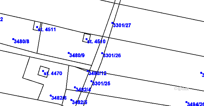 Parcela st. 3301/26 v KÚ Kyjov, Katastrální mapa