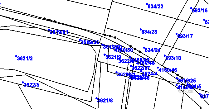 Parcela st. 3621/9 v KÚ Kyjov, Katastrální mapa