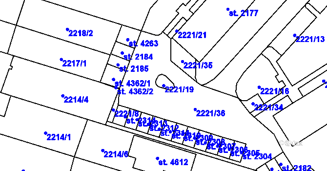 Parcela st. 2221/19 v KÚ Kyjov, Katastrální mapa