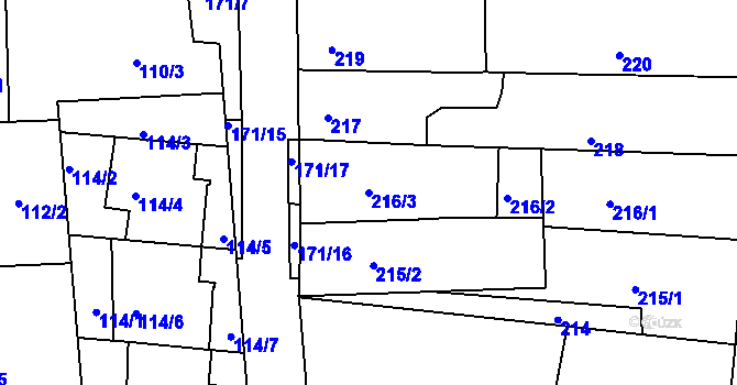 Parcela st. 216/3 v KÚ Boršov u Kyjova, Katastrální mapa