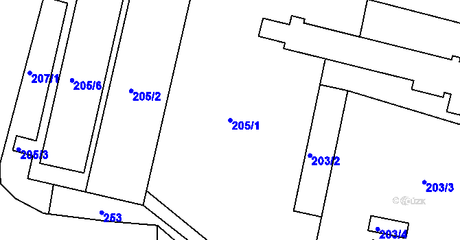 Parcela st. 205/1 v KÚ Kamenný Dvůr, Katastrální mapa