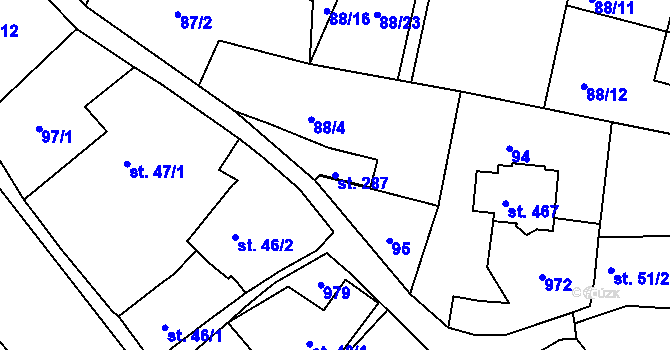 Parcela st. 287 v KÚ Kyšice u Plzně, Katastrální mapa