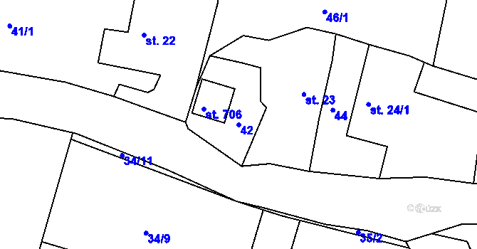 Parcela st. 42 v KÚ Kyšice u Plzně, Katastrální mapa