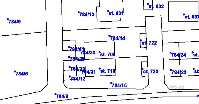 Parcela st. 709 v KÚ Kyšice u Plzně, Katastrální mapa