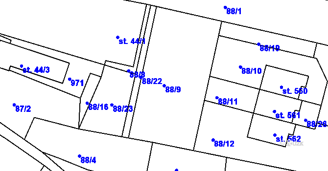 Parcela st. 88/9 v KÚ Kyšice u Plzně, Katastrální mapa