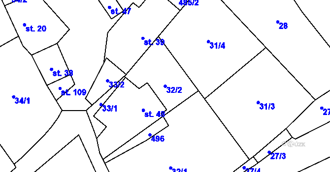 Parcela st. 32/2 v KÚ Brzánky, Katastrální mapa