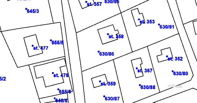 Parcela st. 630/86 v KÚ Kytín, Katastrální mapa