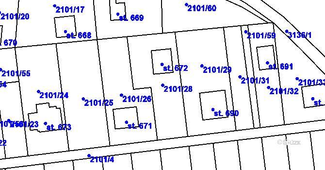 Parcela st. 2101/28 v KÚ Lančov, Katastrální mapa